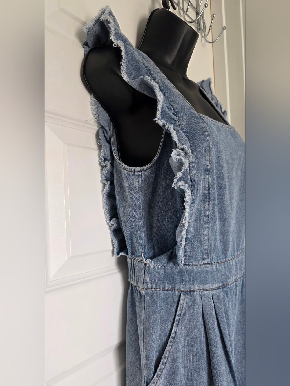 Light Blue Denim Ruffled Wide-Leg Jumpsuit - Picture 3 of 7